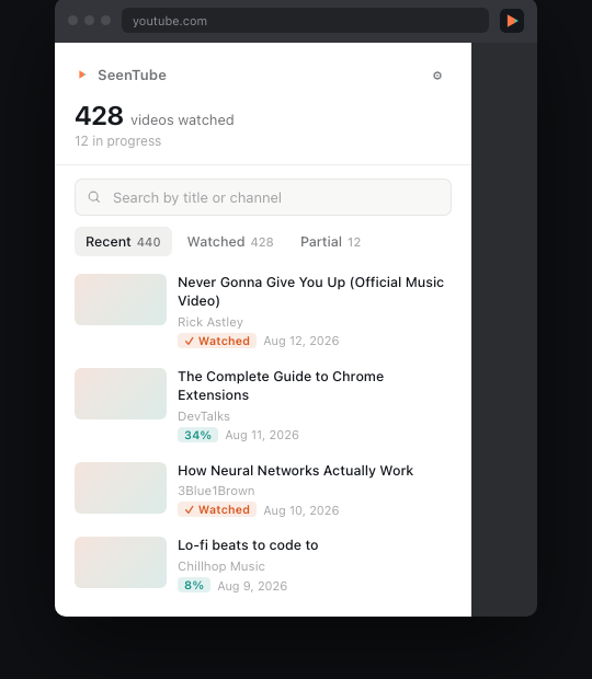 SeenTube's toolbar popup showing watched video count and a searchable recent history list