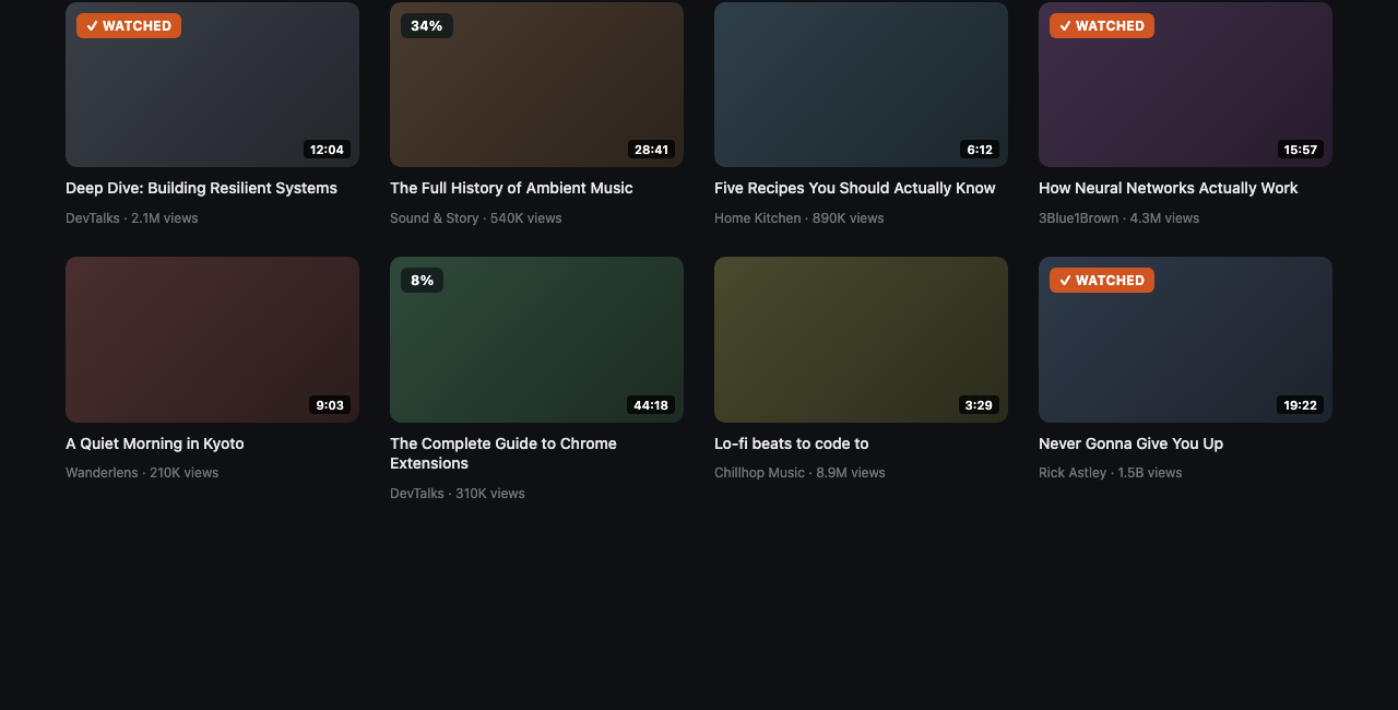 YouTube thumbnail grid with SeenTube's watched and partial badges overlaid on several thumbnails